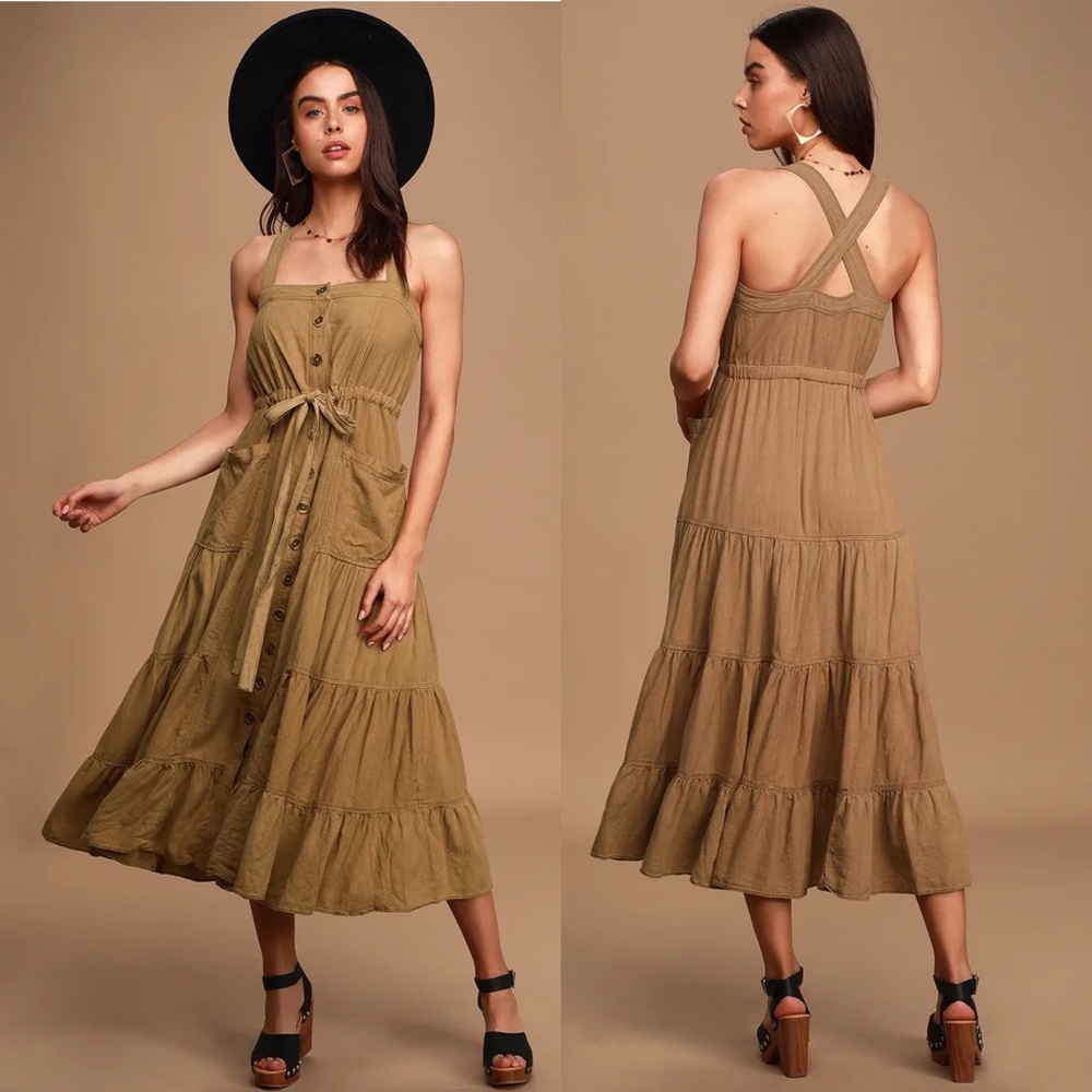 Tan Button-Front Tiered Pinafore Midi Dress 🌿